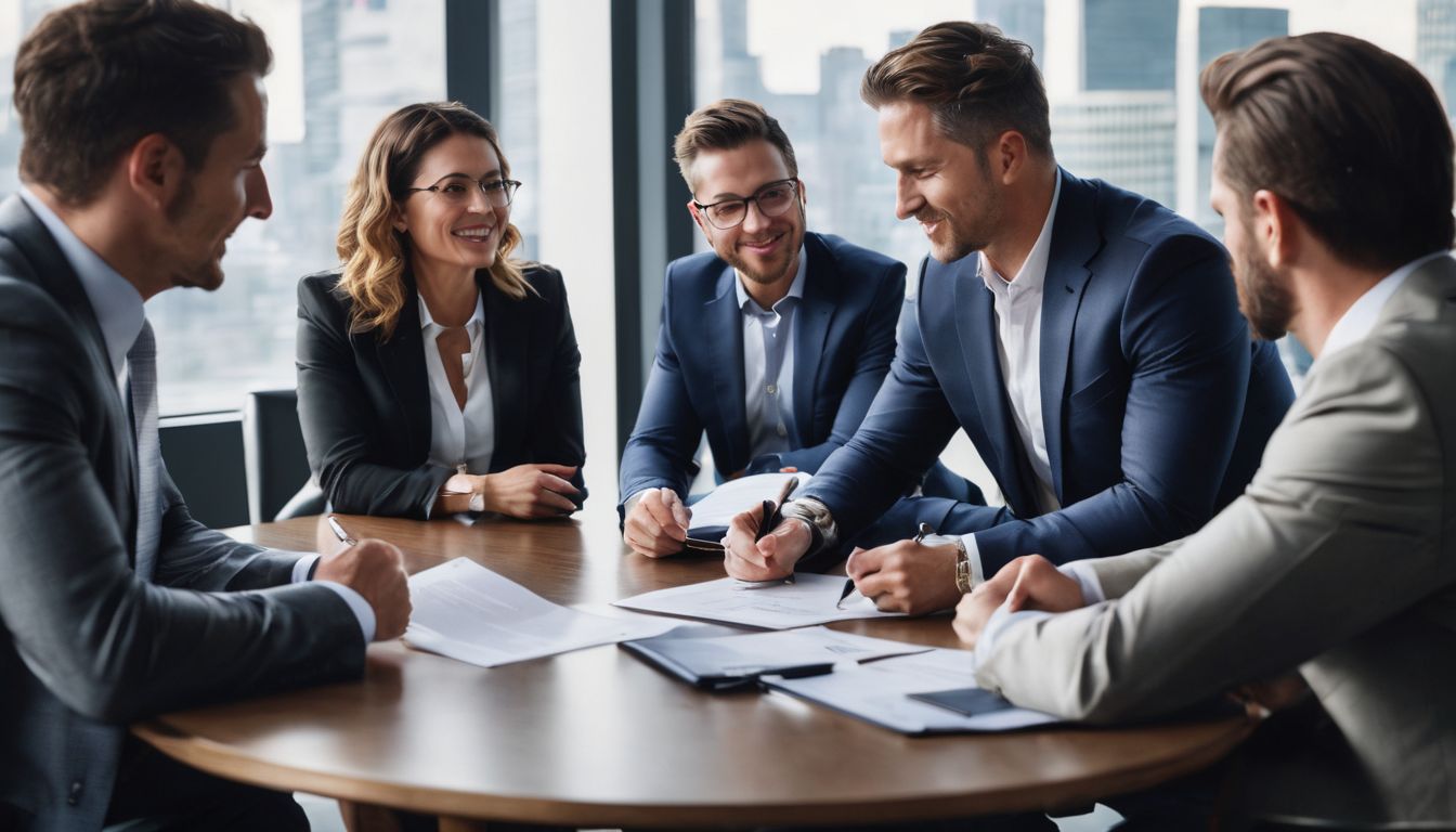 Affärsprofessionella diskuterar och undertecknar ett ägarrättsavtal. Affärsprofessionella diskuterar och undertecknar ett ägarrättsavtal.