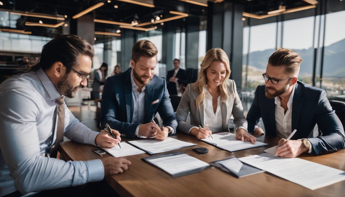 En varierad grupp aktieägare diskuterar och signerar ett avtal. En varierad grupp aktieägare diskuterar och signerar ett avtal.