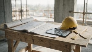 Editorial photograph of a construction site meeting table inside an unfinished c