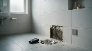 Editorial photograph of a modern Scandinavian bathroom mid inspection pale grey